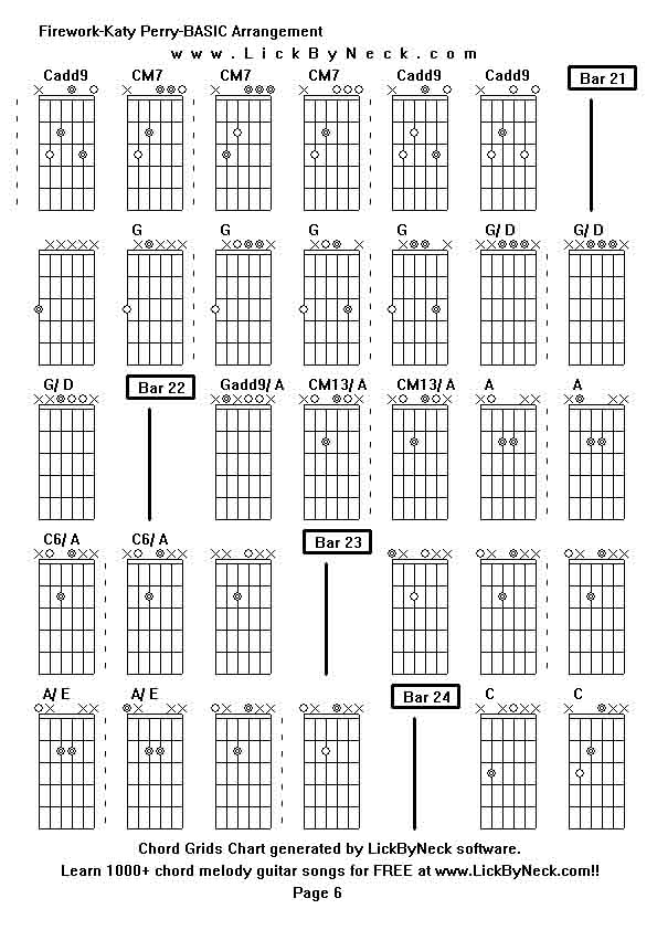 Chord Grids Chart of chord melody fingerstyle guitar song-Firework-Katy Perry-BASIC Arrangement,generated by LickByNeck software.